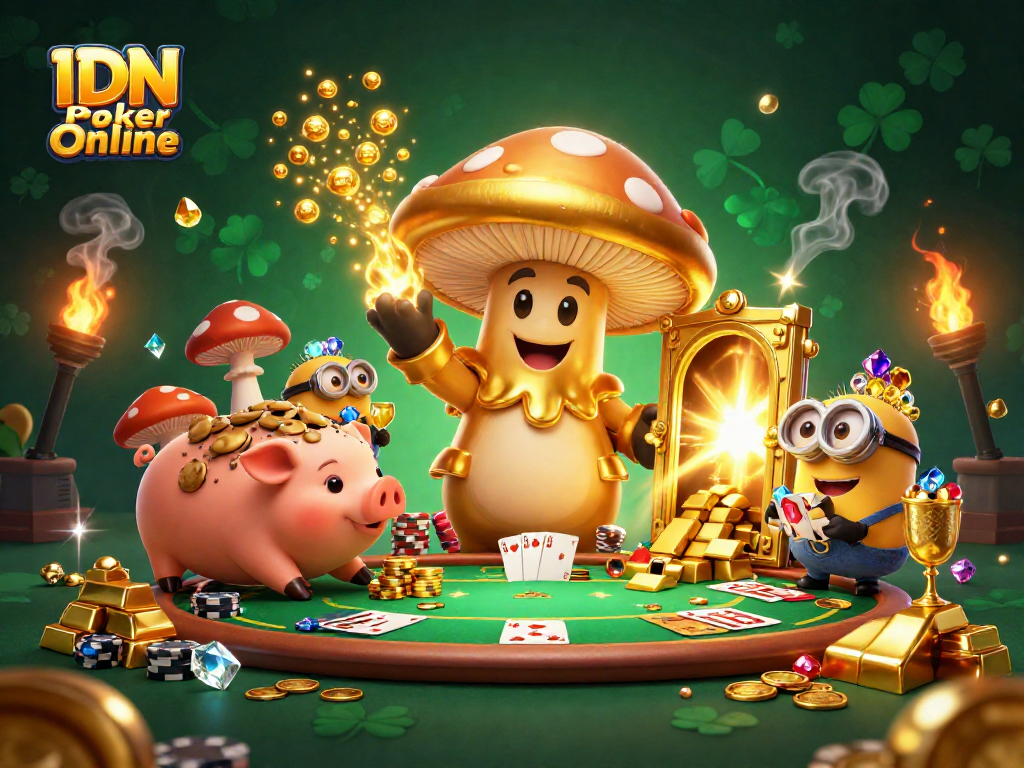 IDN Poker Online showcases a magical wizard and friends at a filled poker table, surrounded by sparkling treasures.