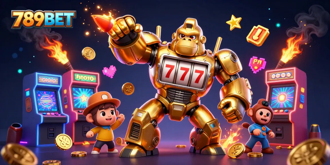 Experience the excitement of 789BET with a dynamic golden gorilla mech and a tiny pilot in a vibrant casino world.