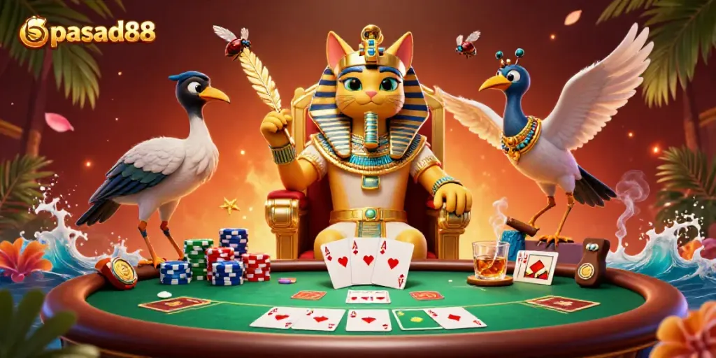 Experience the thrilling world of spasad88 with a vibrant 3D casino scene featuring a pharaoh cat and poker elements.