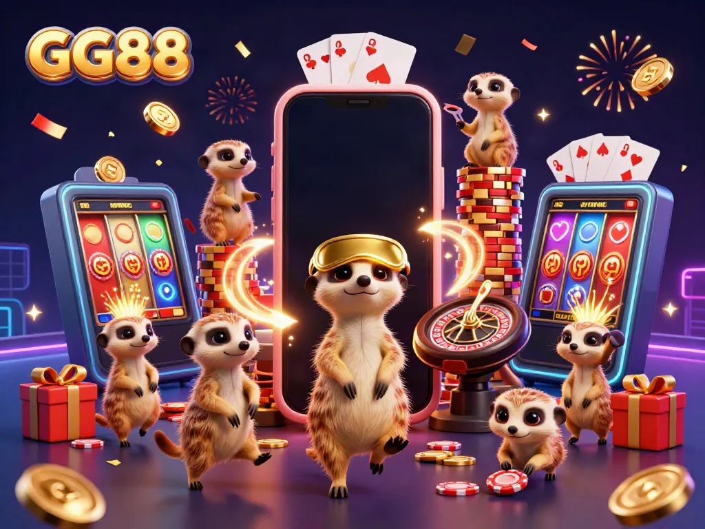 Experience the excitement of GG88 with meerkats running a lively casino, featuring colorful slots, cards, and festive energy.