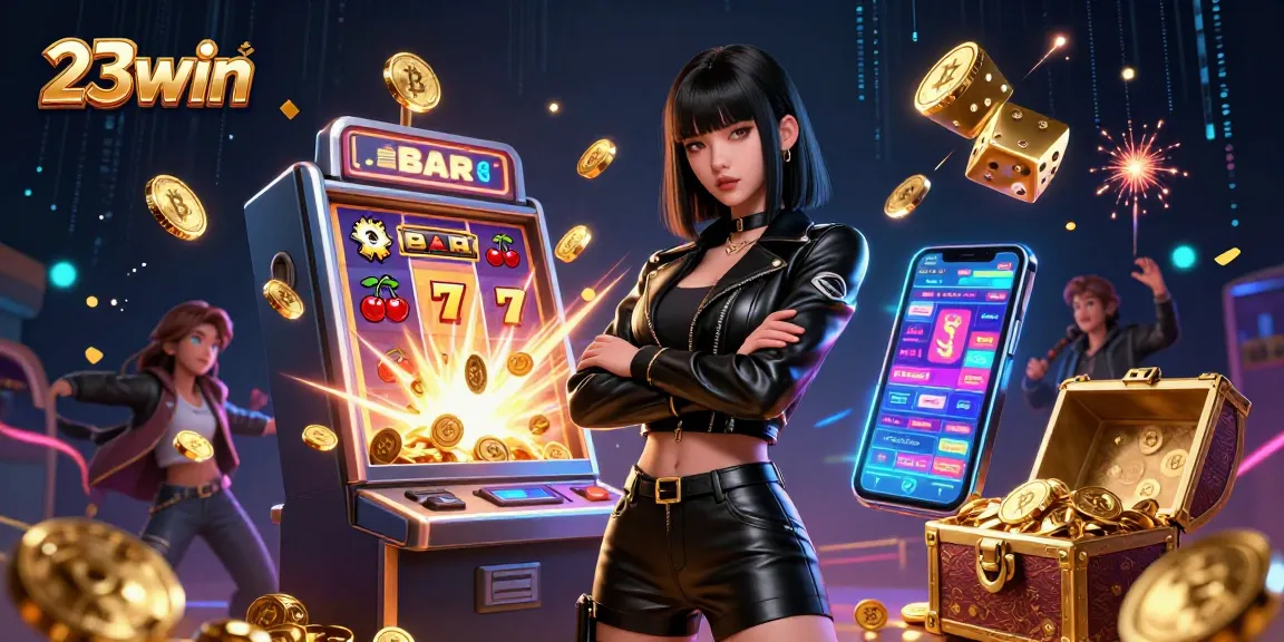 Experience the excitement at 23win with a stunning casino scene featuring jackpots and neon elements.