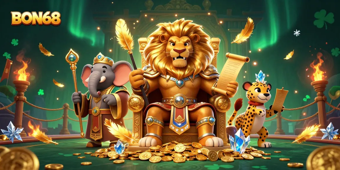 Engage in thrilling games at BON68 with a fierce lion king on a golden throne surrounded by vibrant casino elements.