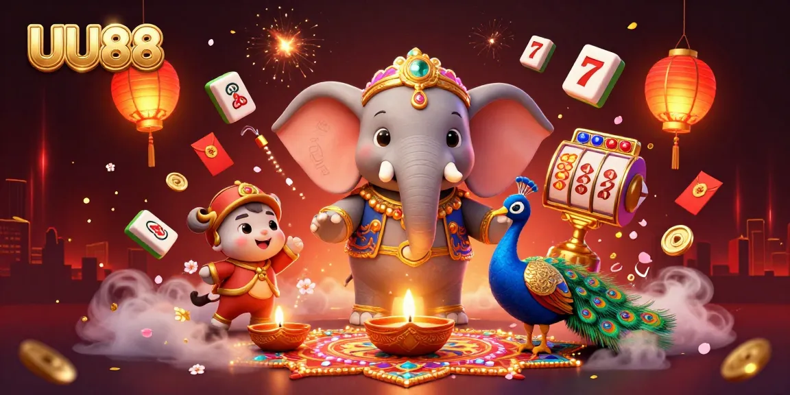 Experience thrilling action at UU88 with colorful casino-themed 3D illustrations featuring games and festivities.
