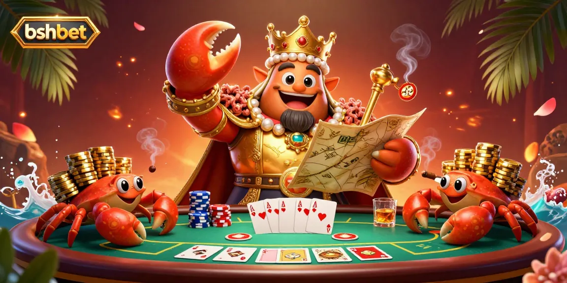 Bettors enjoy the vibrant casino scene as bshbet's crab emperor rules the poker table with treasure map.