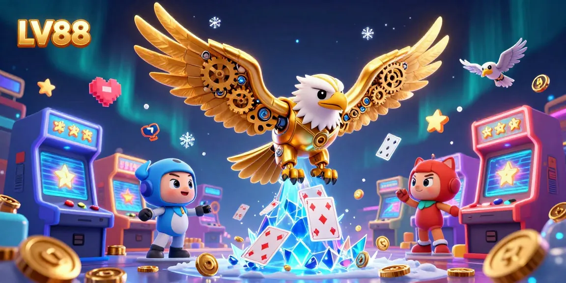 Experience thrilling gameplay with LV88's vibrant casino scene, featuring dynamic characters amid holographic cards.