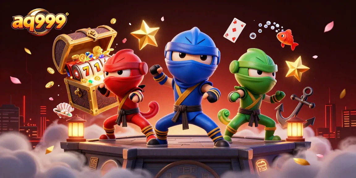 Aq999 showcases a dynamic illustration of ninja chameleons engaged in gambling adventures with slots and treasure.