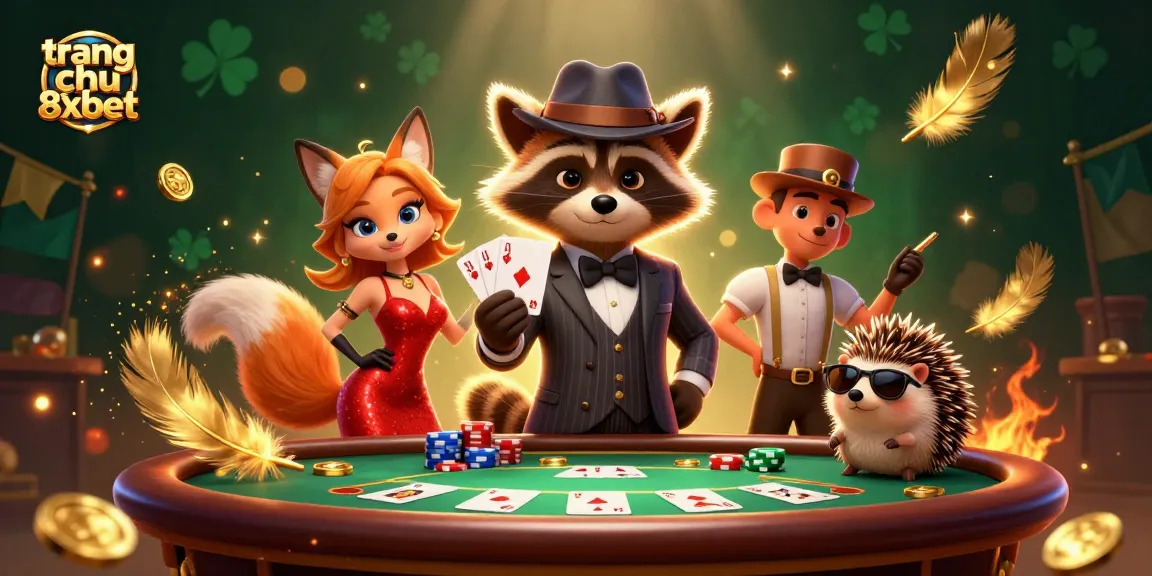 Experience the excitement of poker with trang chu 8xbet's dynamic illustration featuring a raccoon holding a royal flush.