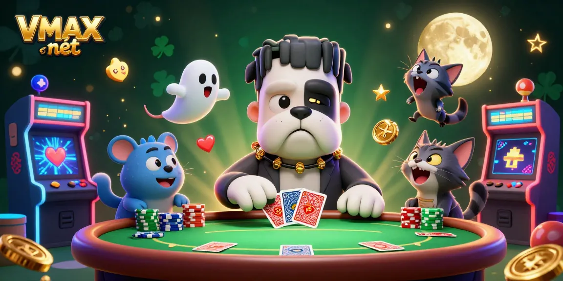 Experience thrilling gameplay at VMAX nét with a vibrant casino illustration packed full of action and colorful characters.
