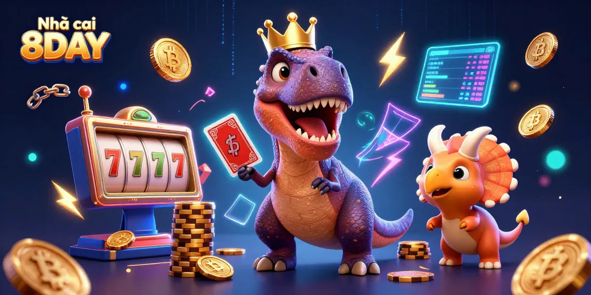 Play and win at Nhà cái 8DAY's vibrant casino with a fun T-Rex dealing cards and a baby triceratops stacking chips.