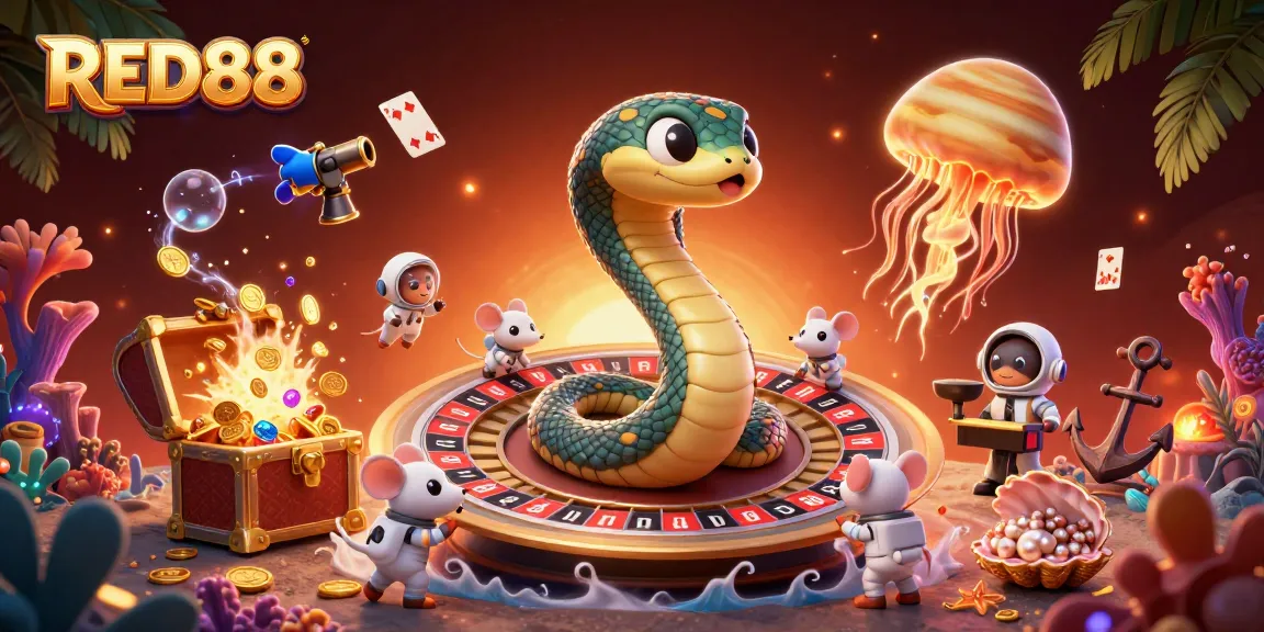 Spin the wheels with RED88 and experience thrilling cosmic betting adventures in an ultra-detailed casino scene.