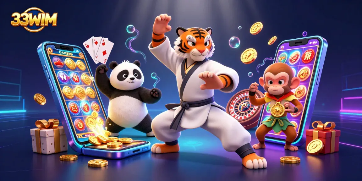 33WIM showcases a kung fu tiger master and friends in a vibrant casino scene filled with action.