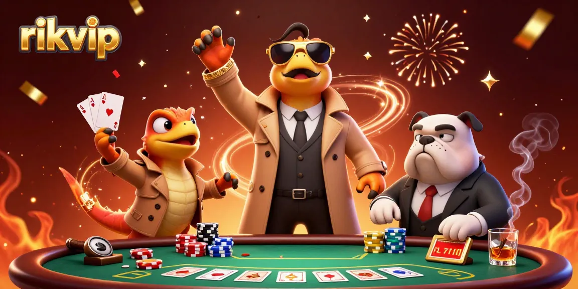 Rikvip's exciting gameplay illustrated by raptors attempting VIP entry at a bustling casino.