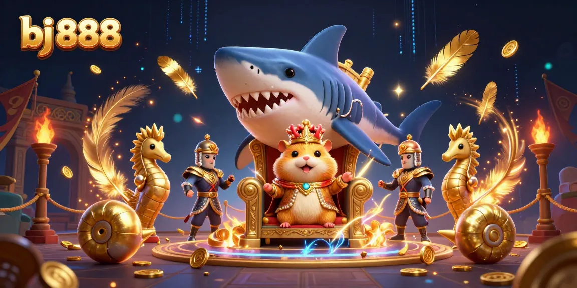 BJ 888 casino scene featuring a golden hamster king on a megalodon throne with vibrant particle effects and dynamic game elements.