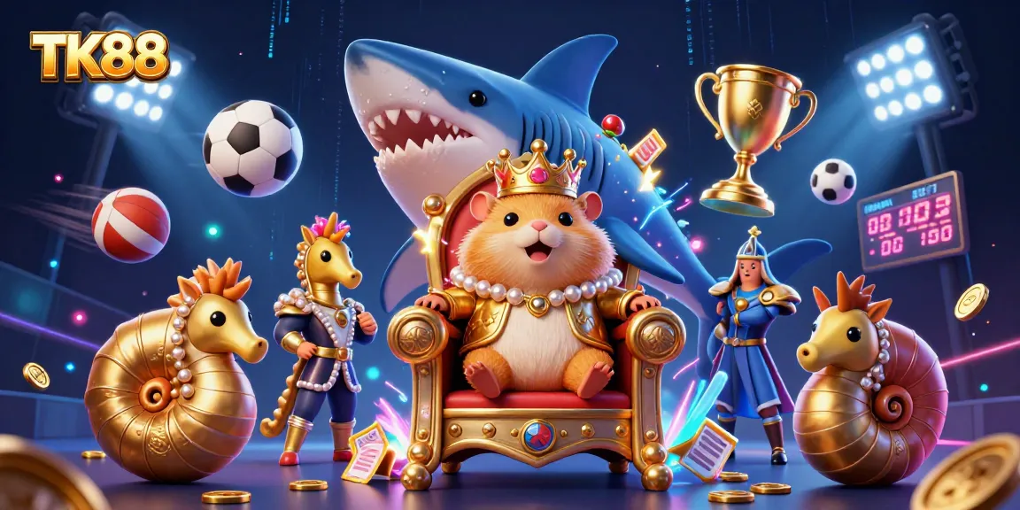 TK88 gaming scene with a golden hamster king and dynamic sports elements creating excitement.