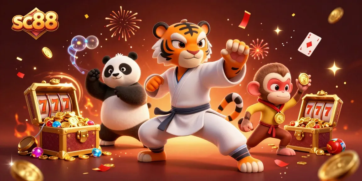 Experience the thrill of sc88 with a colorful scene featuring a kung fu tiger, panda, and monkey celebrating winnings in a festive casino atmosphere.