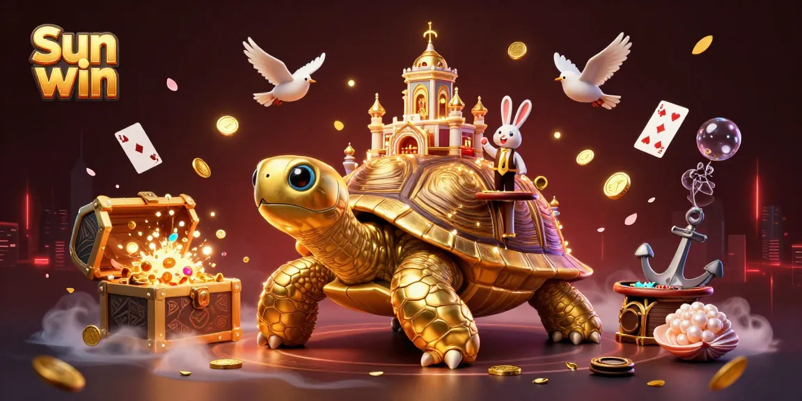 Engage in the thrilling world of Sun win with a vibrant casino scene featuring a golden tortoise and dealer.