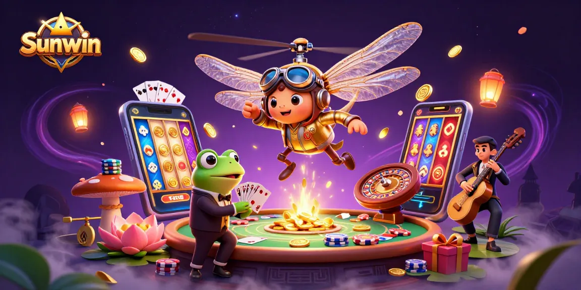 Experience Sunwin with thrilling gameplay as a dragonfly pilot and frog croupier deal cards.