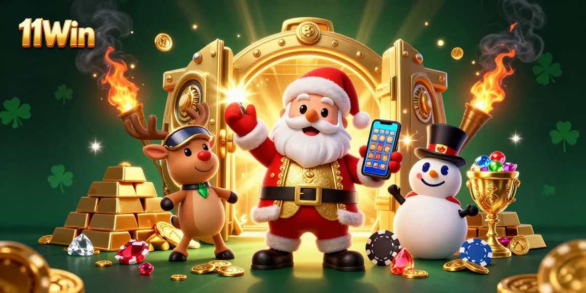 Experience jackpot thrills with 11Win in this vibrant casino illustration featuring Santa and friends.