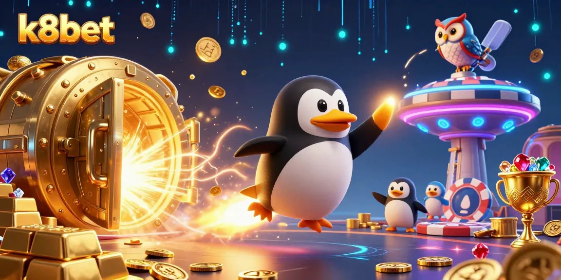 K8bet offers an electrifying casino experience with golden penguins, treasures, and epic gaming visuals.
