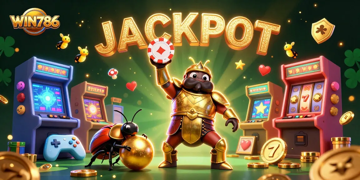 WIN786 brings excitement alive as a hercules beetle celebrates a jackpot in this vibrant casino scene.