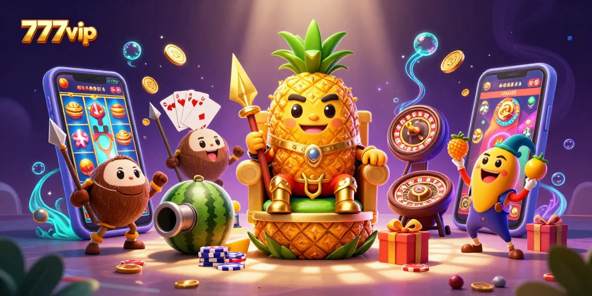 Experience exciting gameplay at 777vip with a vibrant digital casino scene featuring fun characters, games, and treasures.