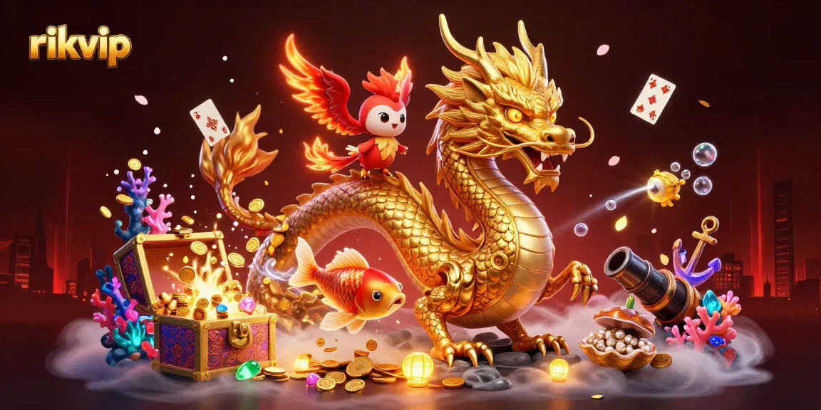 Win big at rikvip with vibrant, dynamic casino gaming illustrated with energetic dragons and koi fish.