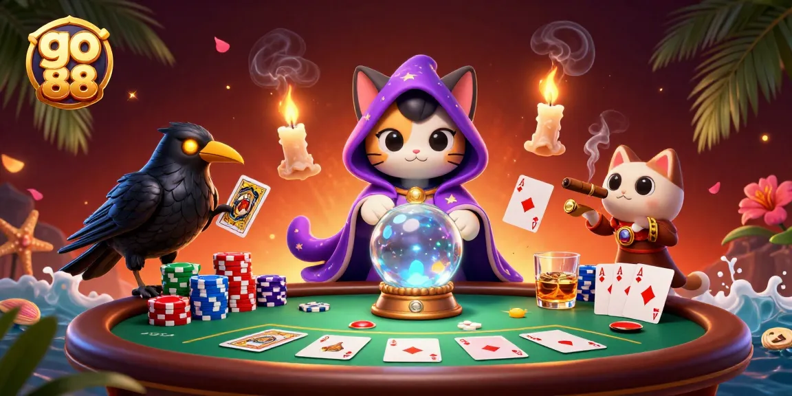 Experience the excitement of go 88 with vibrant casino characters at a richly decorated poker table, showcasing thrilling gameplay.