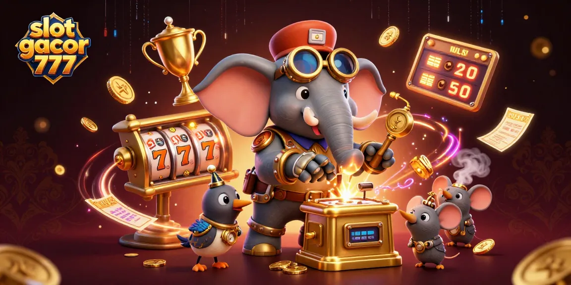 Engage with slot gacor 777 through a captivating 3D casino scene featuring an elephant engineer and dynamic slot elements.