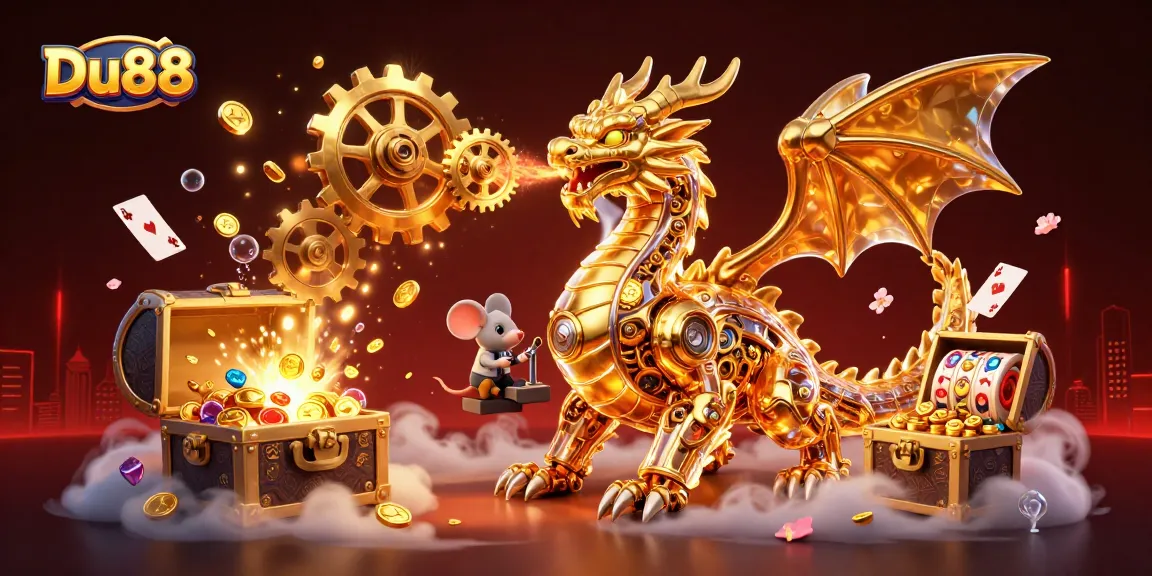 Engage with Du88 through a magical golden dragon scene, featuring 3D comic elements and explosive treasure.