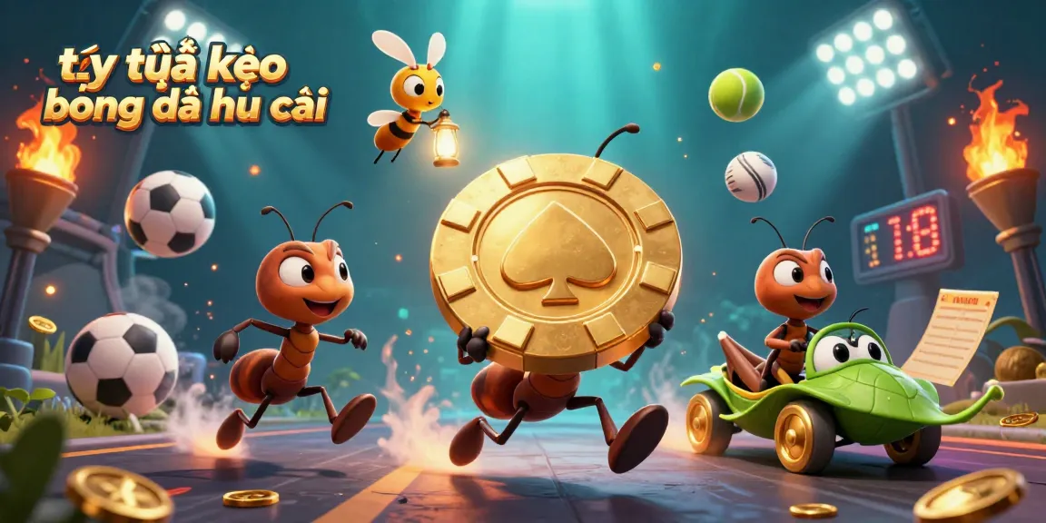 Engaging scene showcasing tỷ lệ kèo bóng đá nhà cái with cartoon ants heisting a giant poker chip.