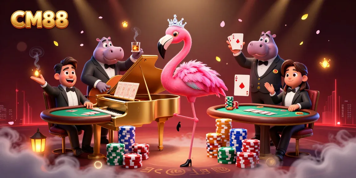Experience the flair of CM88 with vibrant casino entertainment featuring a flamingo singer and hippo bassist.