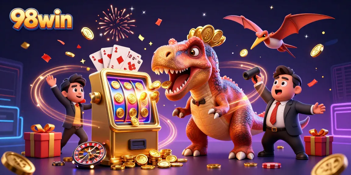 Experience the excitement of 98win as a dinosaur celebrates hitting the jackpot on a slot machine, bursting with golden coins.