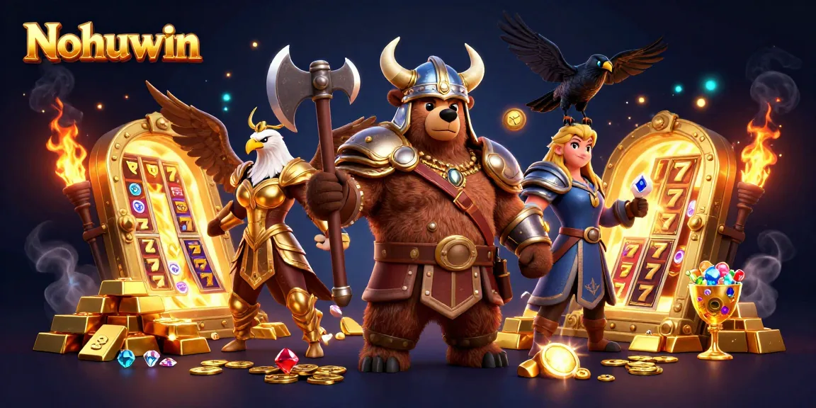 Nohuwin's Viking-themed 3D illustration showcases epic casino gaming elements like slots and jackpots.