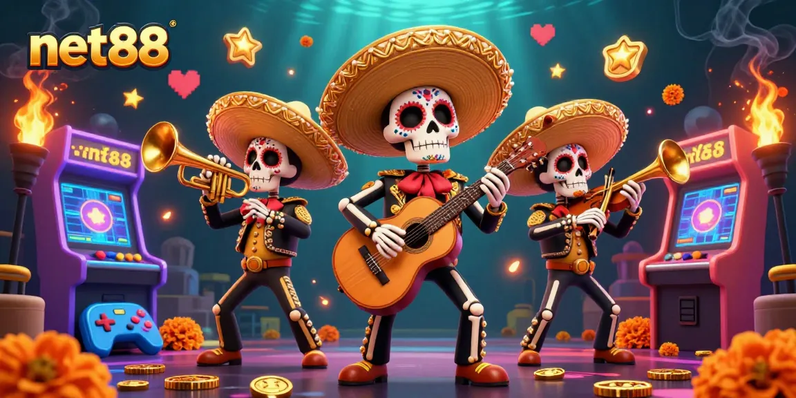 Engage in net88’s vibrant casino action with cartoon mariachi skeletons and arcade game elements.
