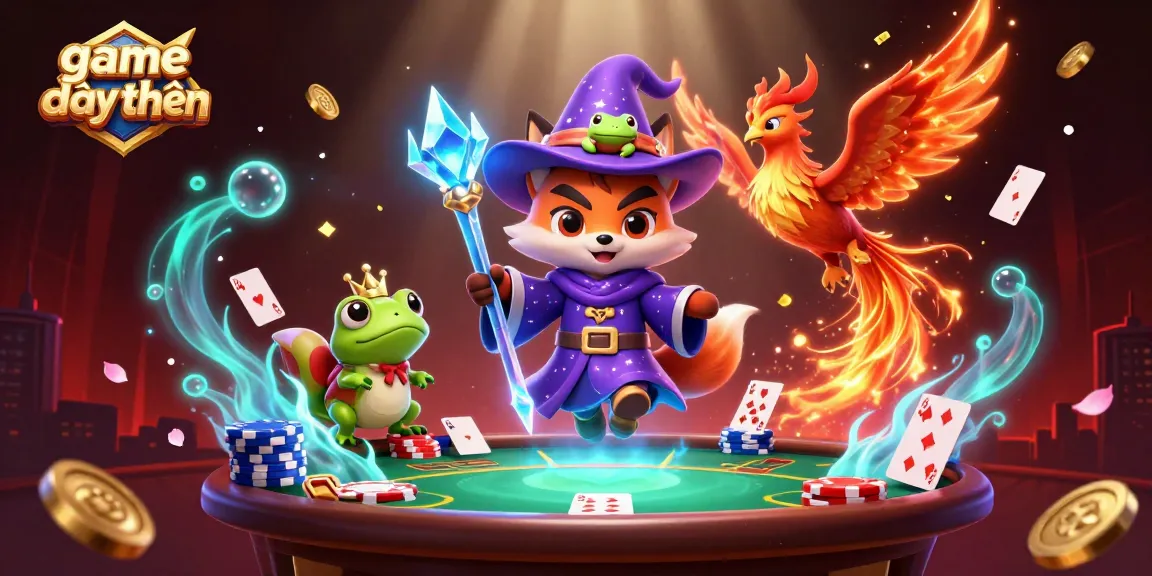 Experience the thrill of game đổi thưởng with a mystical wizard fox, phoenix, and poker elements in a vibrant casino scene.