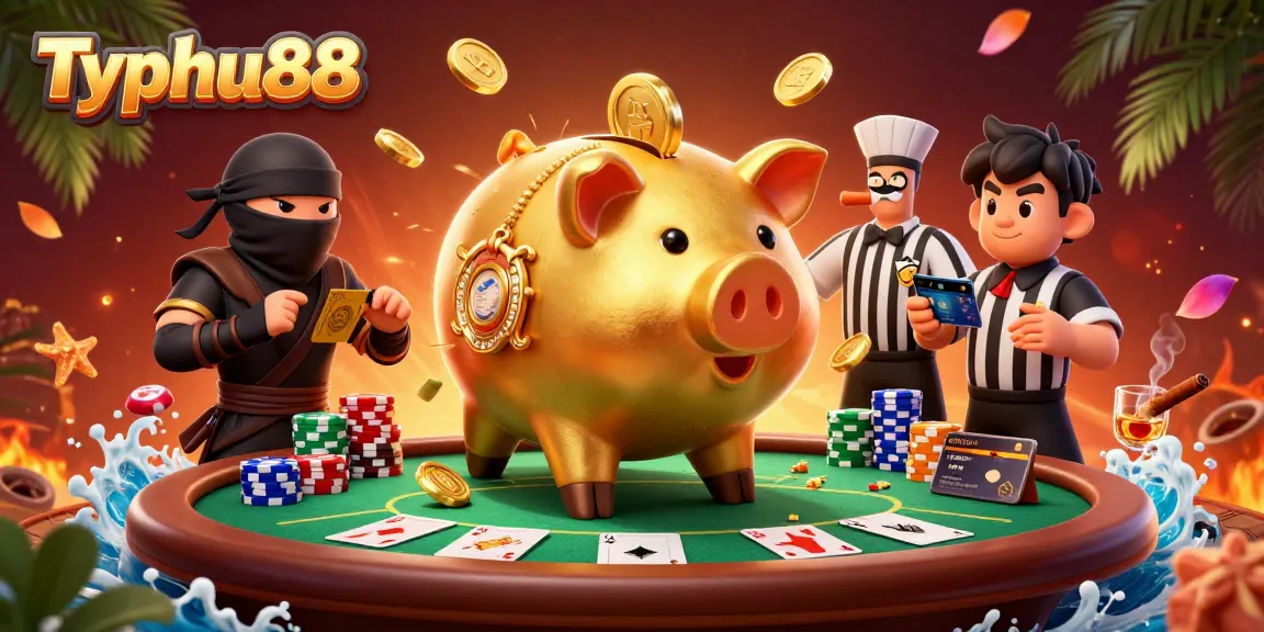 Experience thrilling gameplay with Typhu88 featuring a sumo wrestler and ninja at a vibrant poker table.