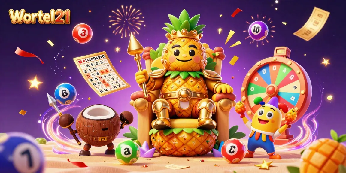 Bet on exciting games with Wortel21's vibrant fantasy casino illustration featuring a pineapple king.