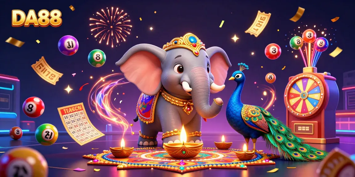 Engage in exciting casino action with DA88 while the cheerful elephant and peacock celebrate among vibrant lottery elements.