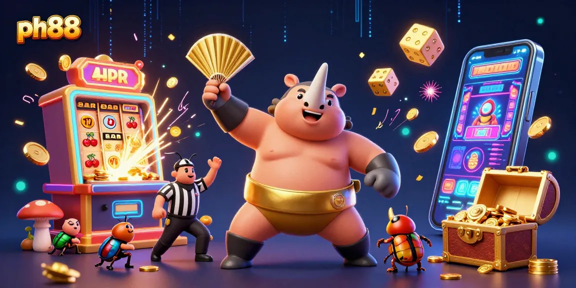 Experience ph88's vibrant casino world with a triumphant rhinoceros beetle sumo champion among jackpot symbols.
