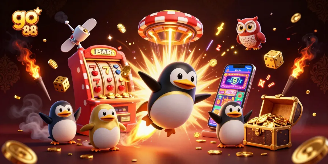 Experience thrilling gameplay with go 88 in a vibrant 3D casino scene featuring a golden penguin and slot machine.