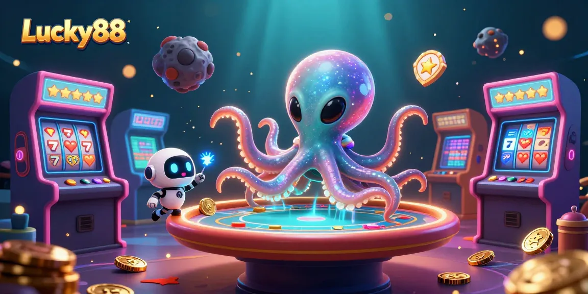 Spin and win with Lucky88 as an alien octopus plays poker among cosmic casino elements in a vibrant illustration.