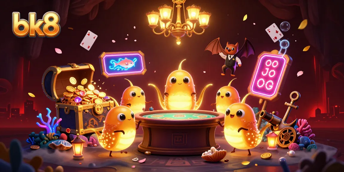 Experience the vibrant bk8 casino scene with animated glowworms and a bat dealer amid treasures and games.