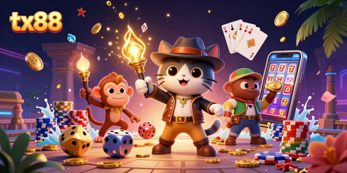 Experience tx88 action with a cartoon cat and monkey in a vibrant casino treasure scene.