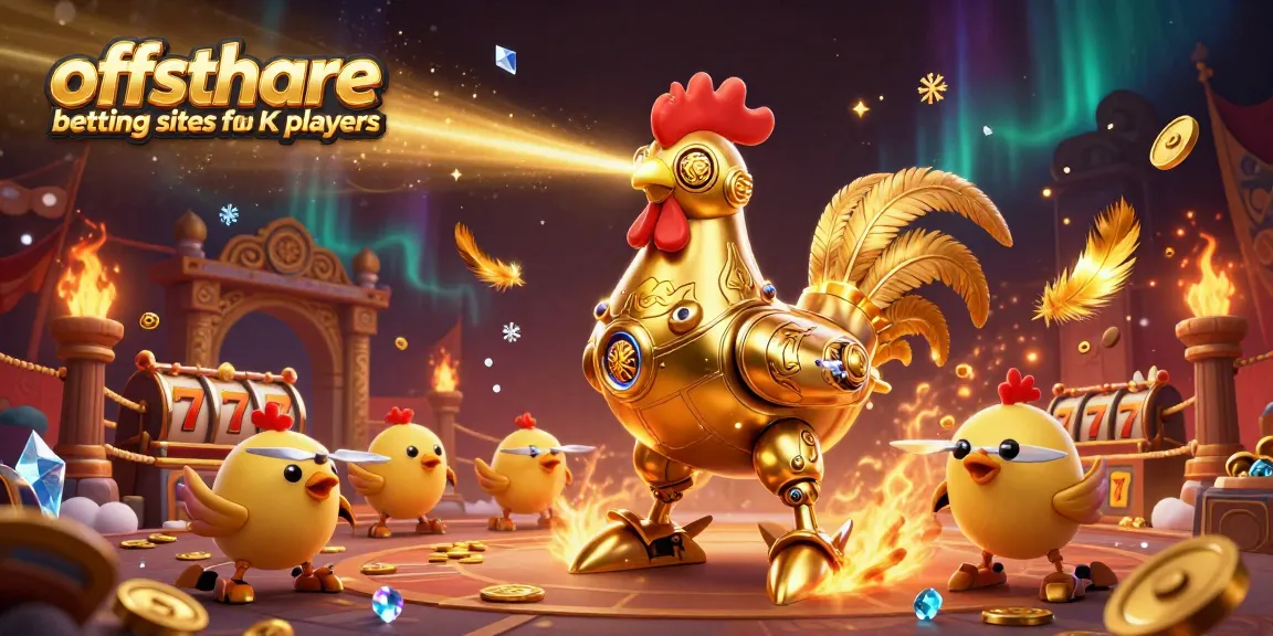 Experience the excitement with offshore betting sites for UK players, featuring a golden chicken robot and slot machines.