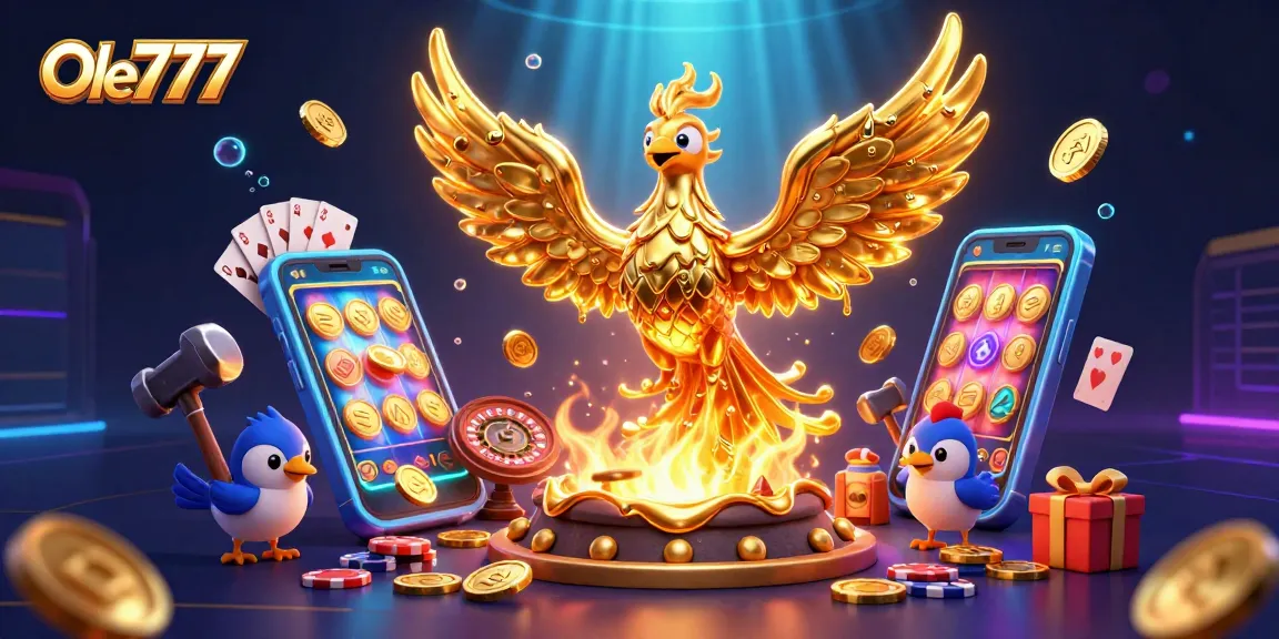 Experience thrilling gaming at Ole777 with a molten metal phoenix igniting jackpots and slot adventures.